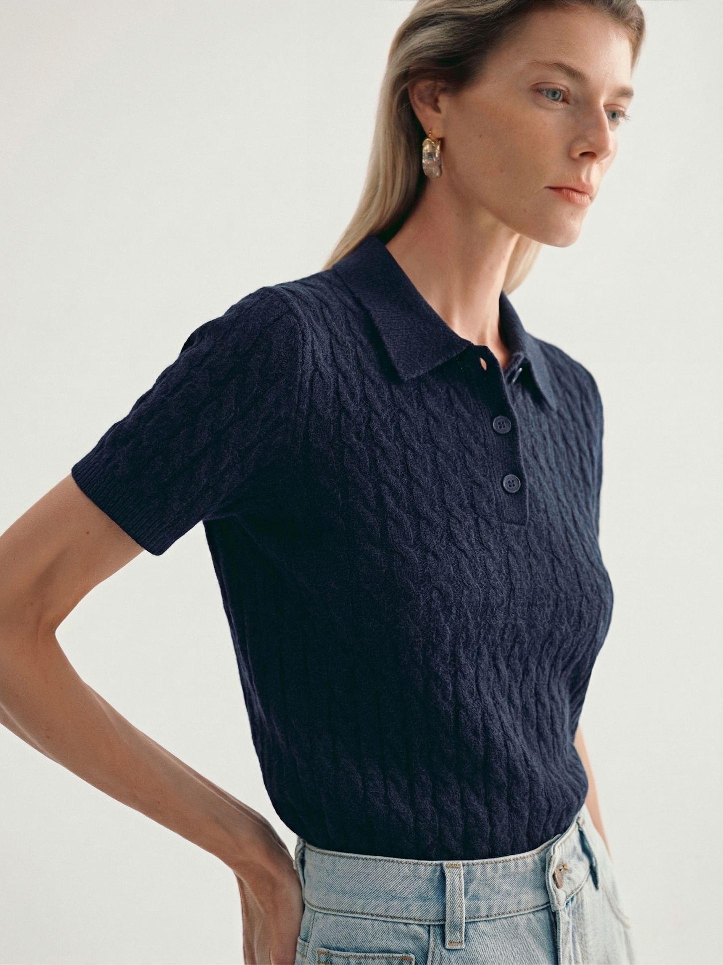 100% Pure Cashmere Cable-Knit Short Sleeve Polo