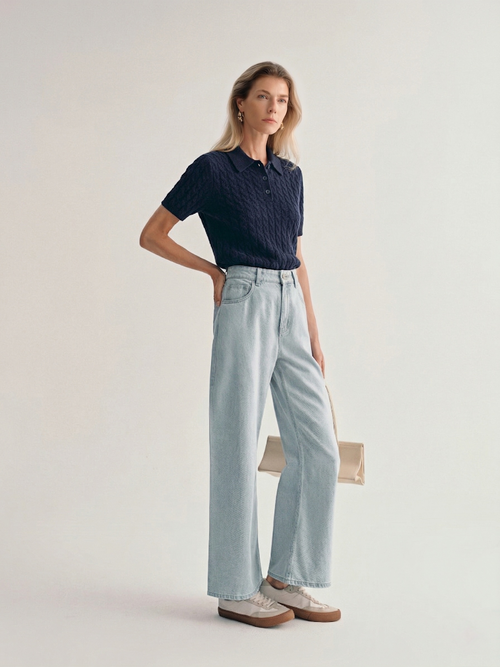 Load image 1 in gallery view. 100% Pure Cashmere Cable-Knit Short Sleeve Polo