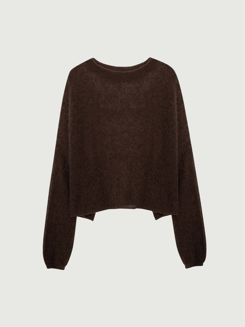 Load image 1 in gallery view. Cashmere-Silk Relaxed Pullover Sweater in deep brown with a relaxed fit and dropped shoulders, perfect for easy elegance.