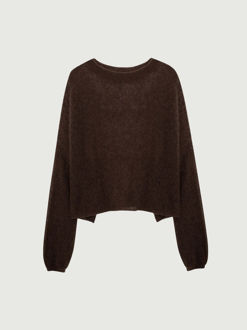 Cashmere-Silk Relaxed Pullover Sweater in deep brown with a relaxed fit and dropped shoulders, perfect for easy elegance.