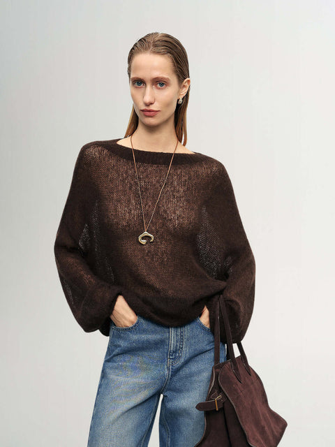 Cashmere-Silk Relaxed Pullover Sweater in dark brown with dropped shoulders, paired with denim and accessories.