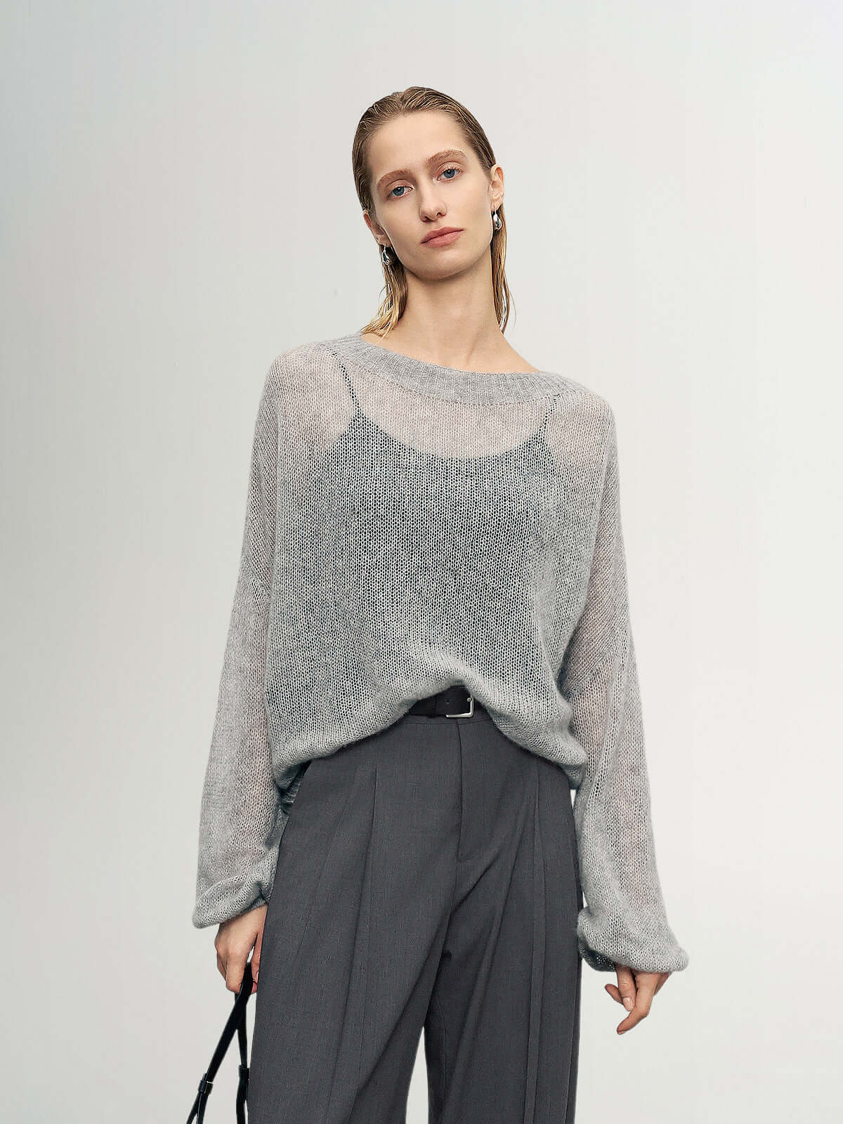 Cashmere-Silk Relaxed Pullover Sweater in light gray with dropped shoulders, perfect for versatile styling.
