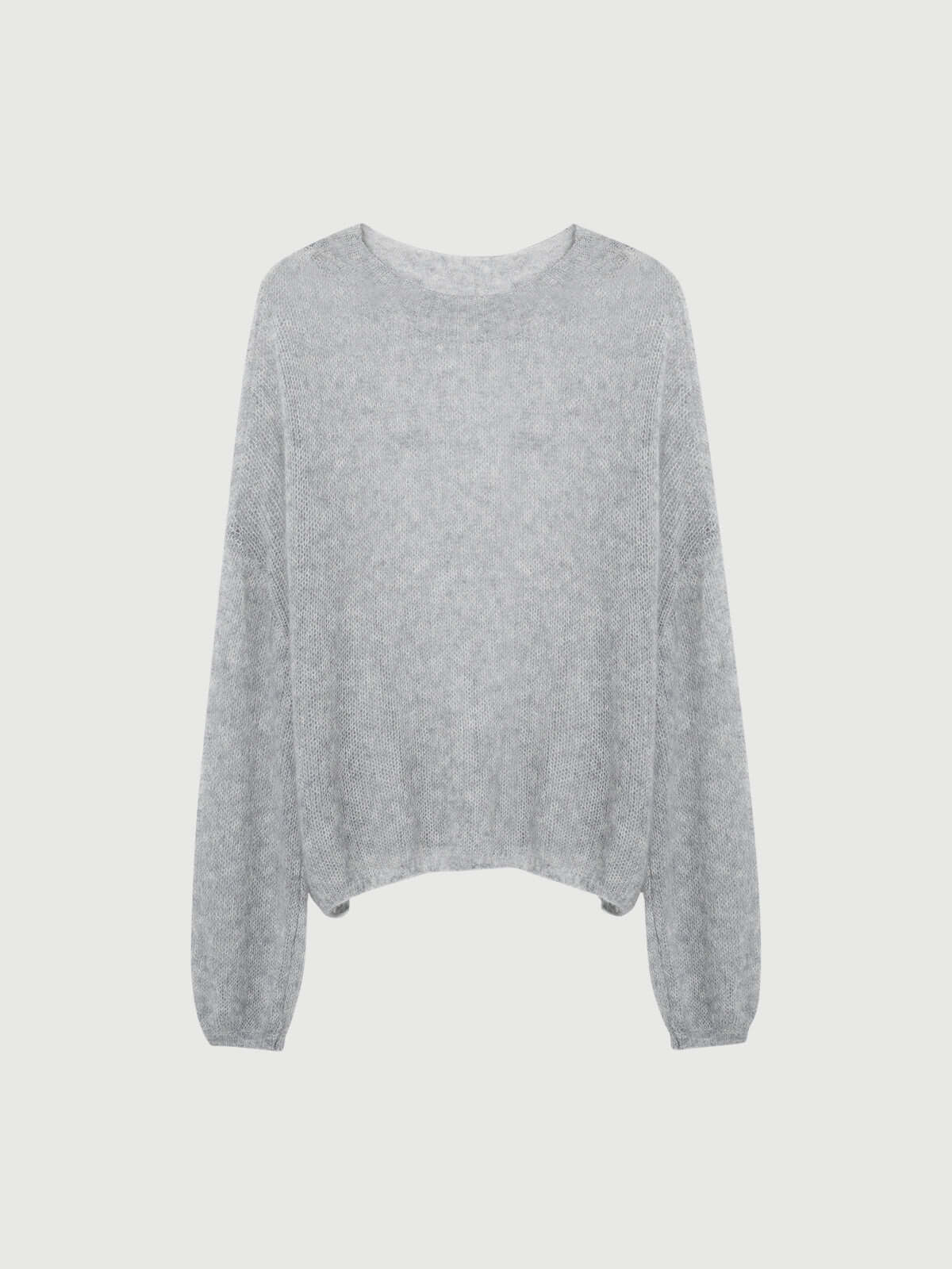 Cashmere-Silk Relaxed Pullover Sweater in light gray, featuring a relaxed fit and dropped shoulders.
