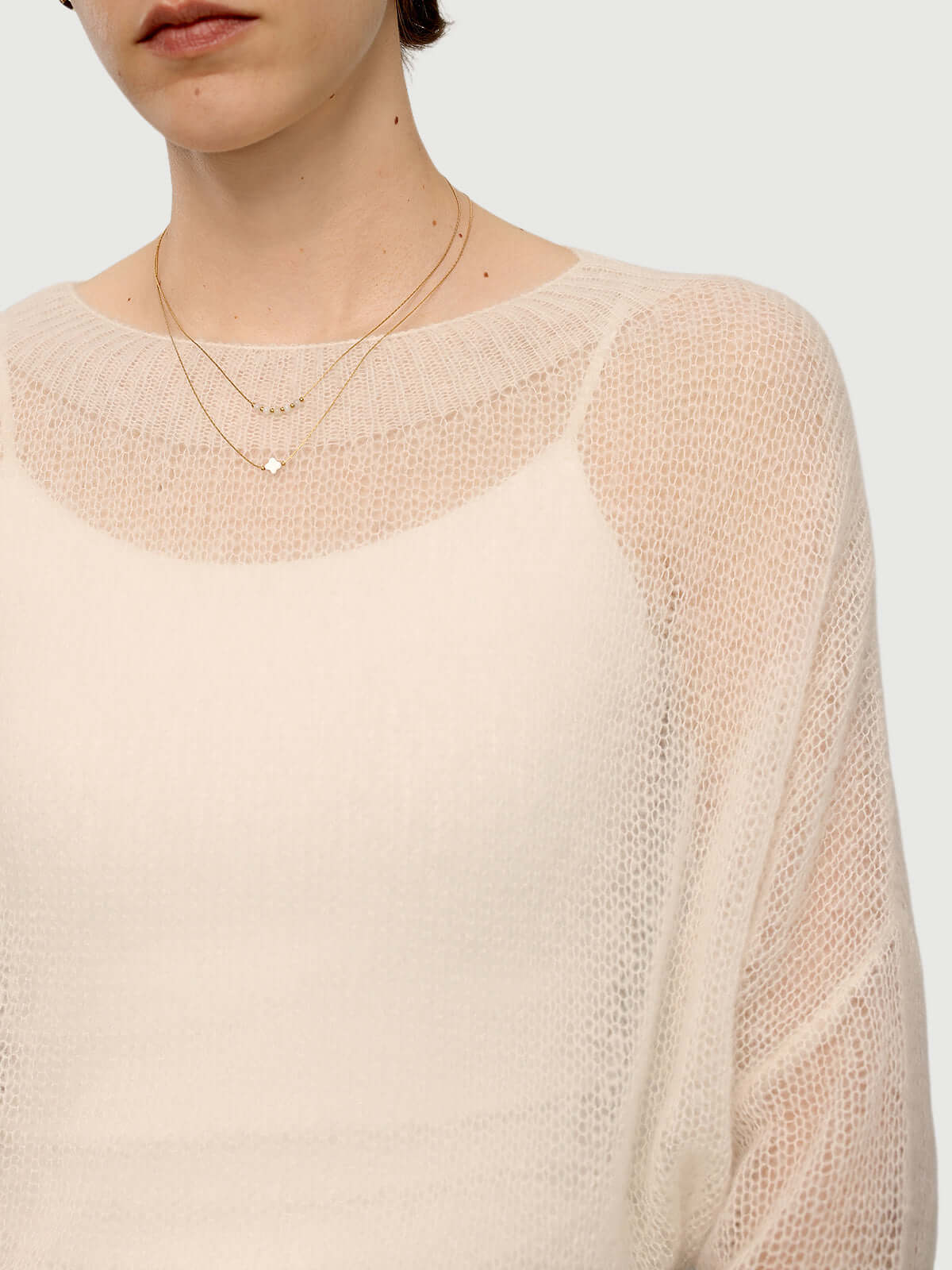 Cashmere-Silk Relaxed Pullover Sweater featuring a soft, elegant design with dropped shoulders and light beige color.