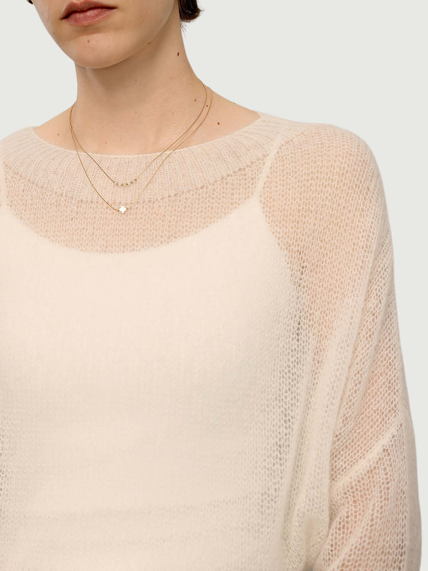 Cashmere-Silk Relaxed Pullover Sweater featuring a soft, elegant design with dropped shoulders and light beige color.