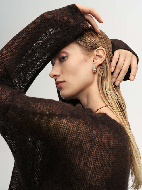 Load image 1 in gallery view. Cashmere-Silk Relaxed Pullover Sweater in dark brown worn by a model with natural beauty and subtle jewelry.