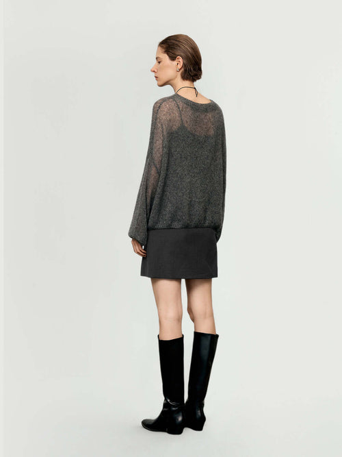 Load image 1 in gallery view. Cashmere-Silk Relaxed Pullover Sweater shown from the back, paired with a mini skirt and knee-high boots.