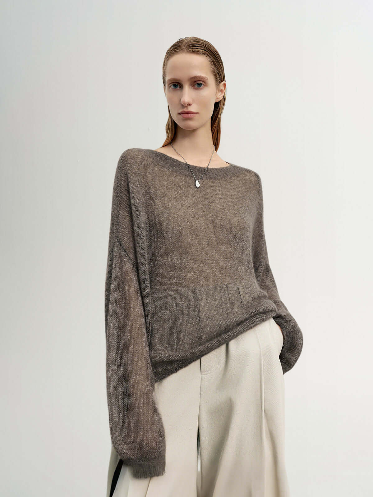 Cashmere-Silk Relaxed Pullover Sweater in light gray with relaxed fit and dropped shoulders.