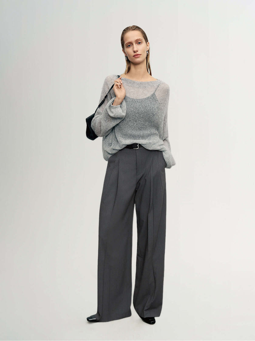 Model wearing a Cashmere-Silk Relaxed Pullover Sweater with wide-leg trousers, showcasing a relaxed and elegant style.