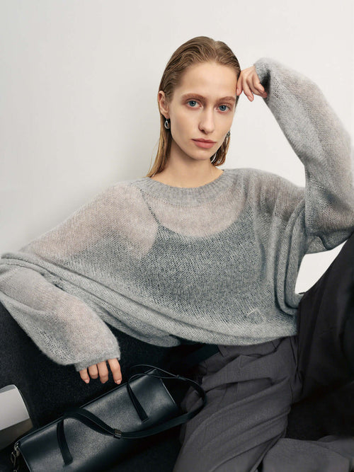 Load image 1 in gallery view. Cashmere-Silk Relaxed Pullover Sweater in light gray, showcasing its soft texture and relaxed fit on a model.