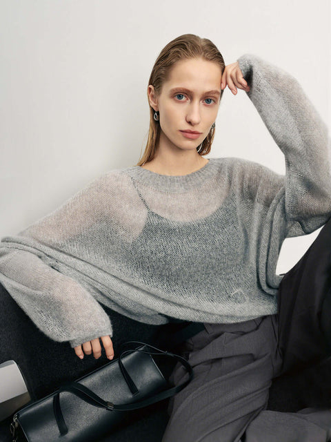 Cashmere-Silk Relaxed Pullover Sweater in light gray, showcasing its soft texture and relaxed fit on a model.