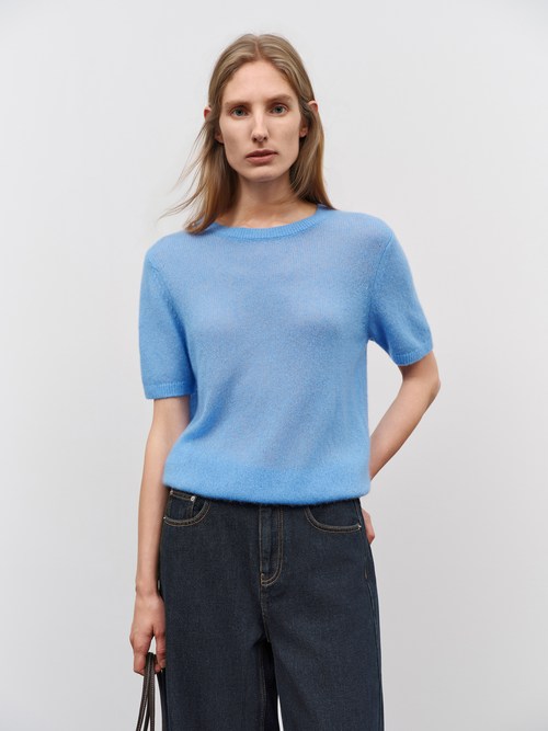Load image 1 in gallery view. Lightweight Cashmere-Silk Short-Sleeve Sweater