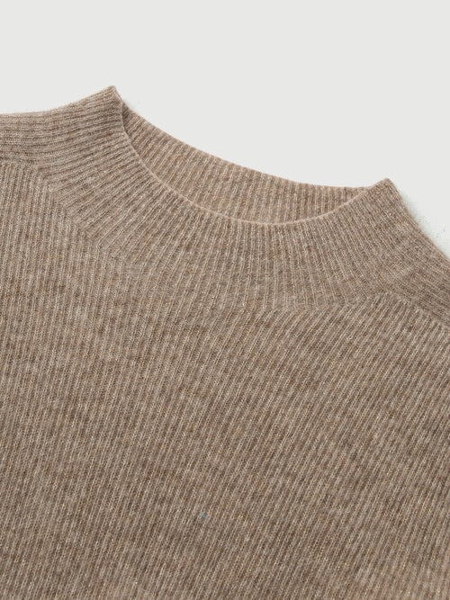 Load image 1 in gallery view. Close-up of a brown ribbed knit sweater collar on a light gray background
