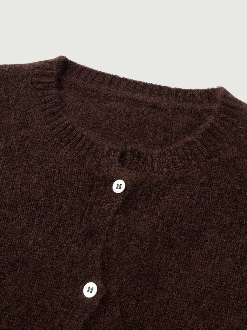 Silk-Cashmere Cardigan in dark brown, showcasing soft fabric and button details, perfect for layering.