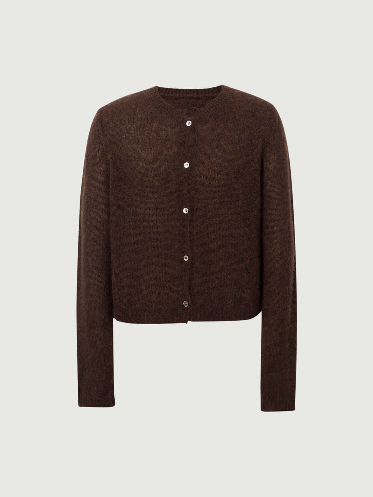 Silk-Cashmere Cardigan in rich brown, lightweight and soft for layering over tees or tanks.