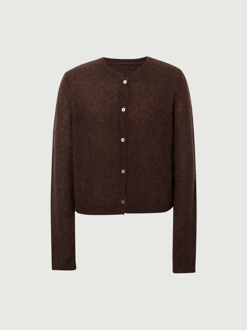 Silk-Cashmere Cardigan in rich brown, lightweight and soft for layering over tees or tanks.