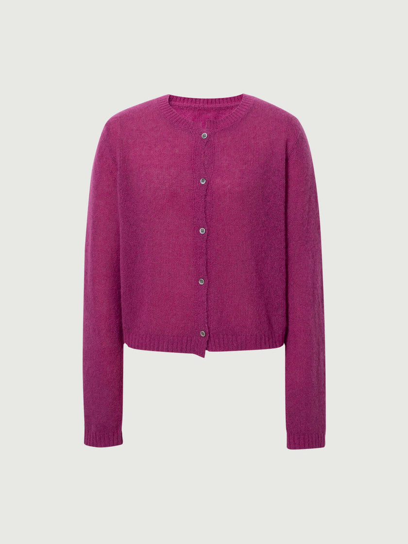Silk-Cashmere Cardigan in vibrant magenta, combining luxury of silk and cashmere for ultimate comfort.