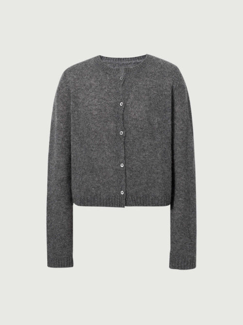 Load image 1 in gallery view. Silk-Cashmere Cardigan in gray with button front, a luxurious addition to any wardrobe.