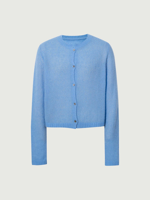 Load image 1 in gallery view. Silk-Cashmere Cardigan in soft blue, featuring button closure and long sleeves, perfect for layering.