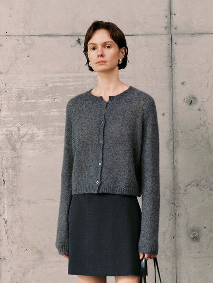 Silk-Cashmere Cardigan in soft grey, lightweight and cozy, perfect for layering over tees or tanks.