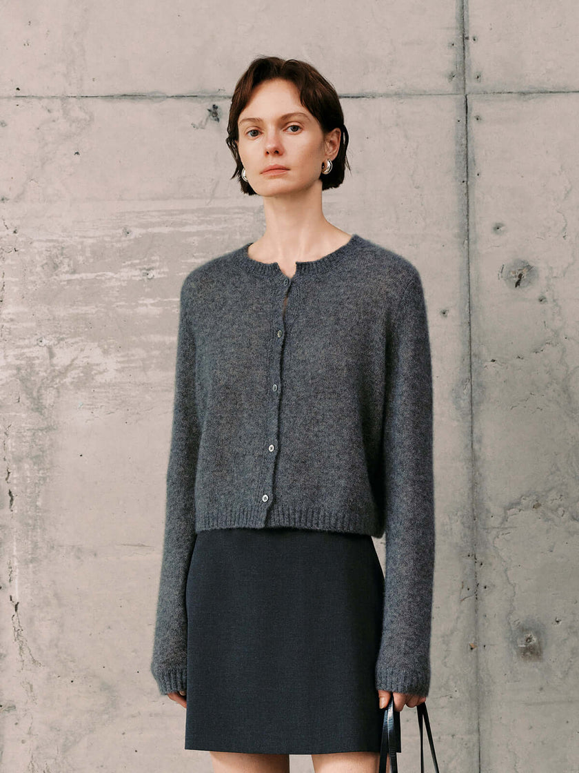 Silk-Cashmere Cardigan in soft grey, lightweight and cozy, perfect for layering over tees or tanks.