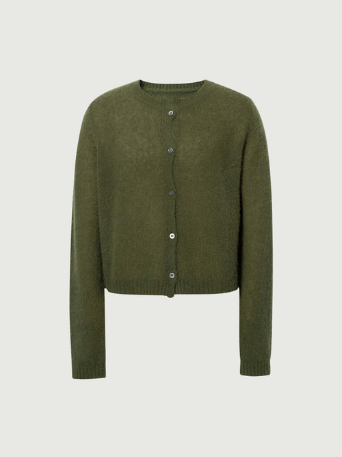 Load image 1 in gallery view. Silk-Cashmere Cardigan in olive green, a soft and lightweight wardrobe staple for tropical climates.