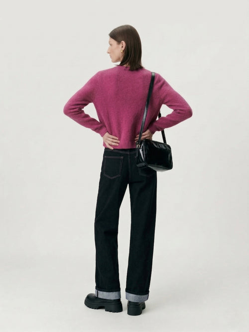 Load image 1 in gallery view. Silk-Cashmere Cardigan in vibrant pink, showcasing soft texture and versatile style, perfect for layering.