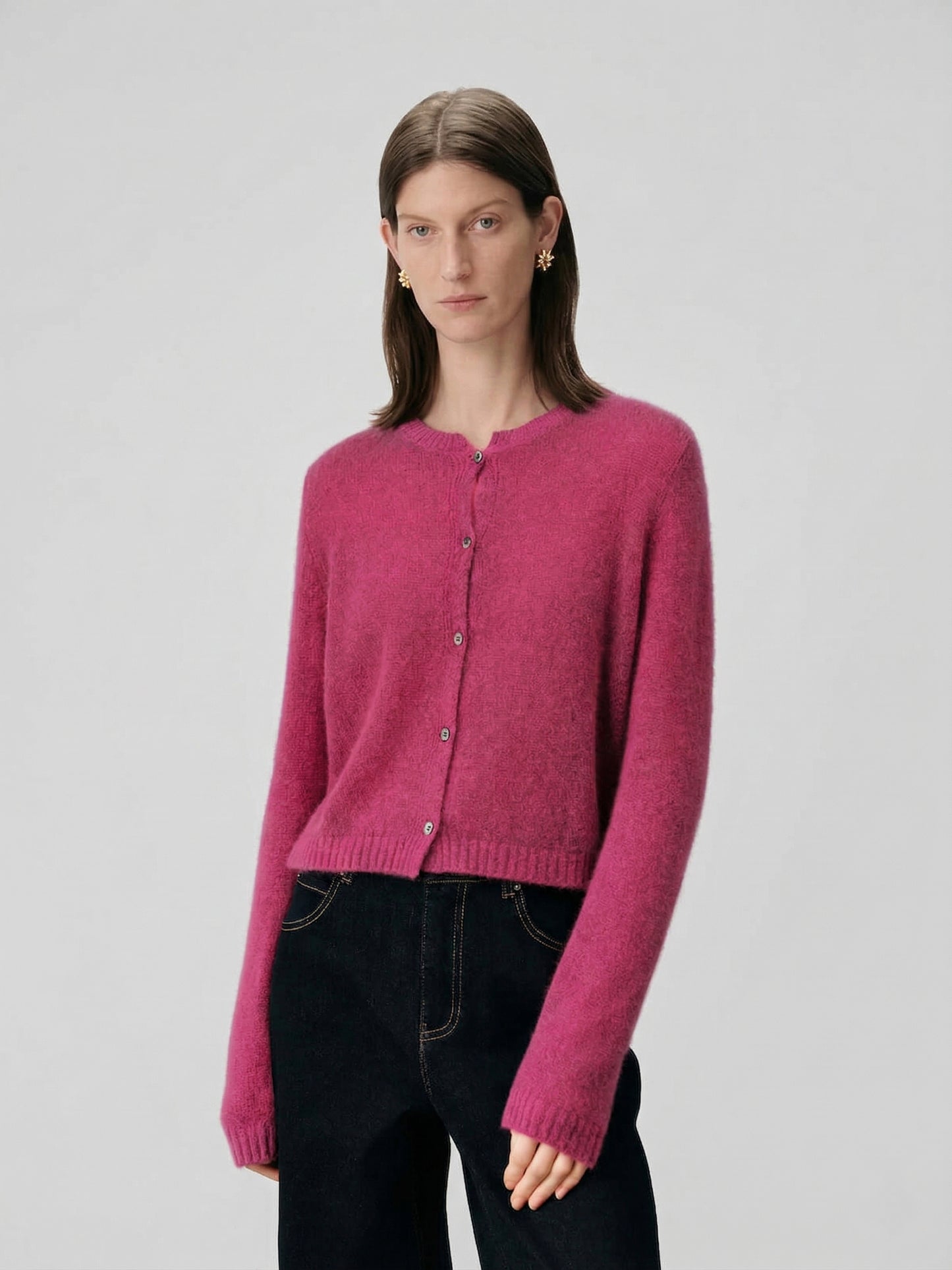 Silk-Cashmere Cardigan in vibrant pink, styled with dark jeans
