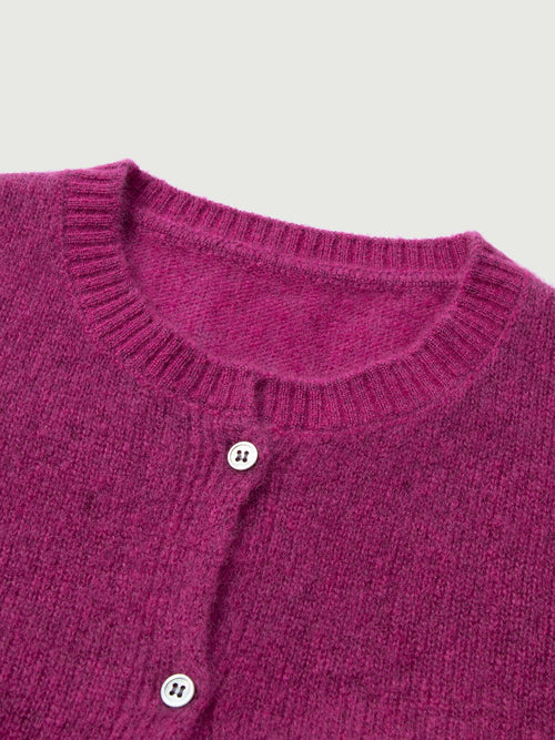 Load image 1 in gallery view. Silk-Cashmere Cardigan in vibrant pink, featuring a round neckline and button closure, perfect for layering.