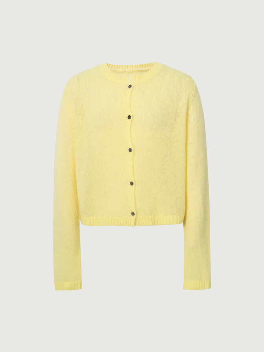 Silk-Cashmere Cardigan in soft yellow, featuring a button-down front and long sleeves, perfect for layering.