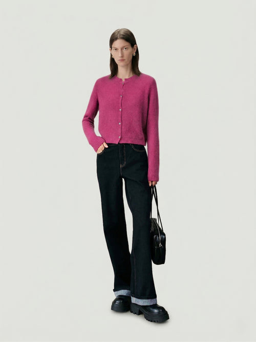 Load image 1 in gallery view. Silk-Cashmere Cardigan styled with black wide-leg pants and a black bag